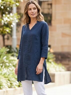 Flax Navy Longline V-Neck Linen Tunic